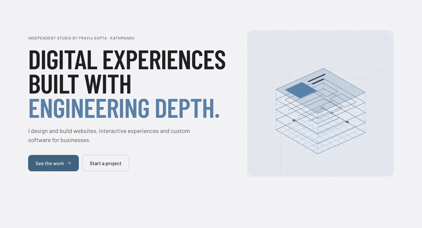 The Punarava home page: headline, introduction and the layered 3D figure.